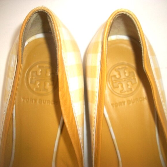 Tory Burch Minnie Yellow & White Gingham Ballet Flats w Yellow Patent Logo - Picture 4 of 9